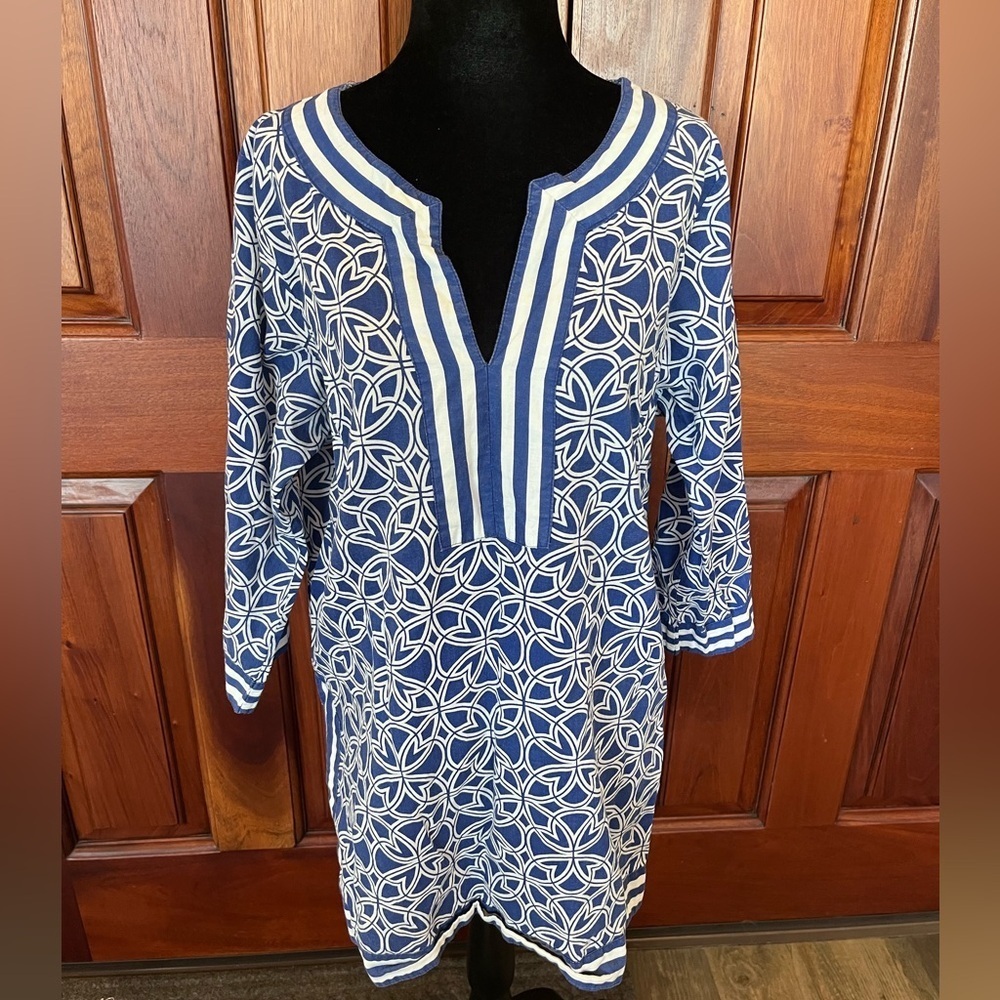 Gretchen Scott Blue White Split Neck Geometric Tunic 3/4 Sleeve Shirt Large